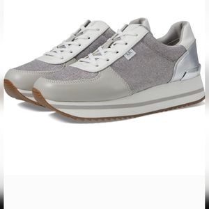 New Michael Kors Monique TrainerLace-Up Sneakers Aluminum SilverWhite Size 10